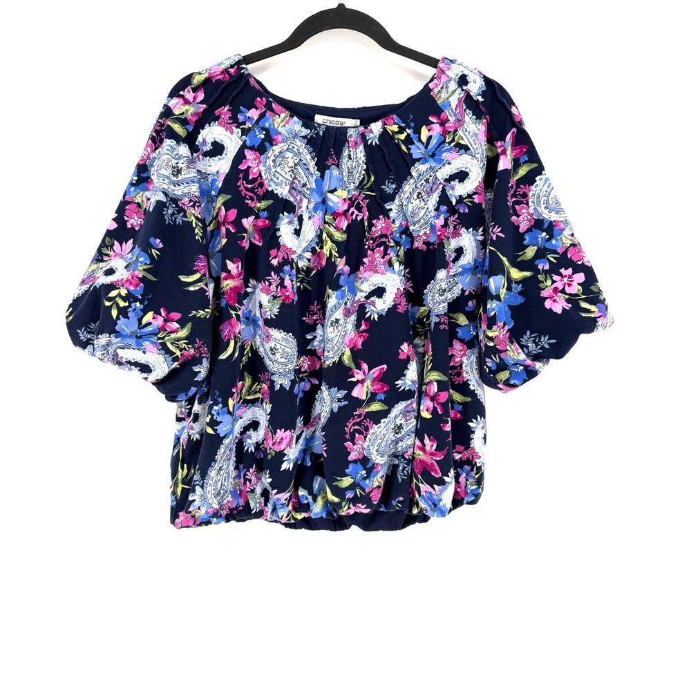 Chico's Blouse Paisley Floral XL Navy Blue Puff Sleeve Bubble Hem Cotton Top